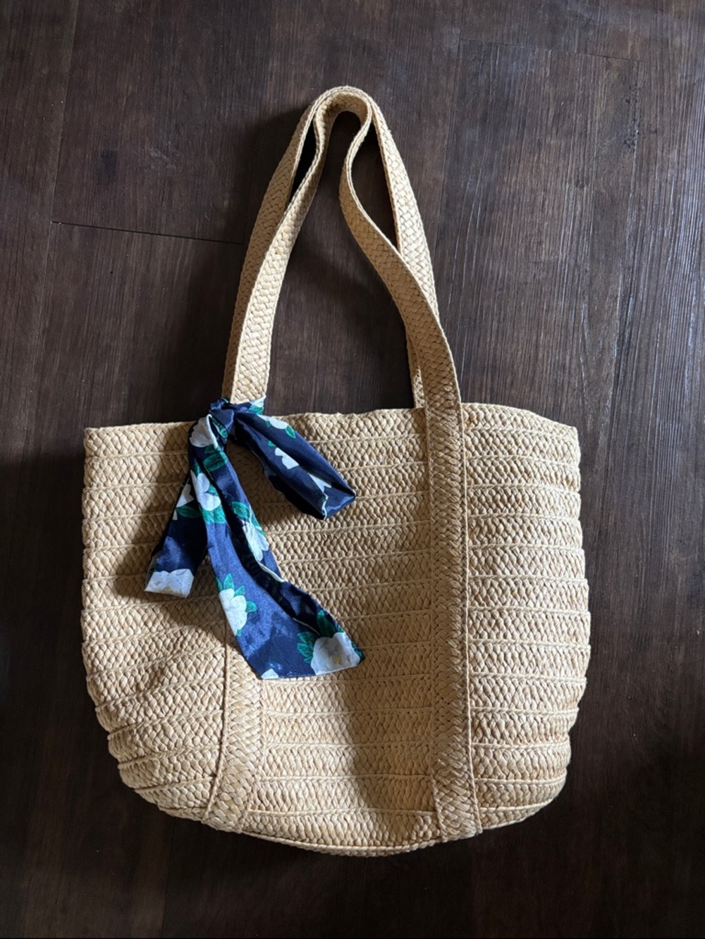 Draper James Tan Woven Tote with Navy Floral Scarf Accent